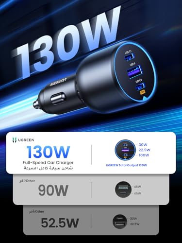 UGREEN 130W شاحن سيارة 3 منافذ USB‑C شحن سريع لمكبوك وآيفون وسامسونج — متوافق مع MacBook Air/Pro، Samsung S25‑S23، iPhone 17‑15 وHP/Dell - الصورة 2