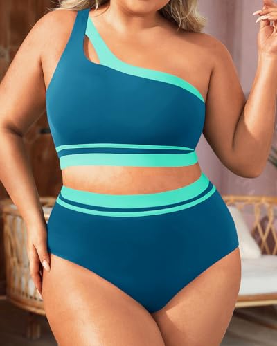 Aqua Eve Women Plus Size High Waisted Bikini One Shoulder Two Piece Swimsuit Color Block Bathing Suits4