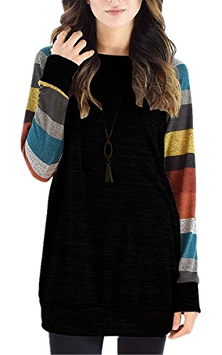 ECOWISH Womens Cotton Knitted Color Print Long Sleeve Lightweight Blouse Basic Sweatshirt Tops,Black Yellow,US M