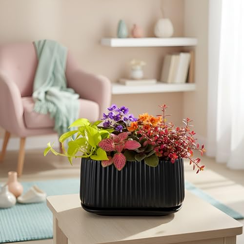 Image of Xtore Sculpted Ribbed Oval Planter with Drain Tray for Indoor & Outdoor Decor | Modern Minimal Flower Pot (Black, 23.5 cm) (Planter only)