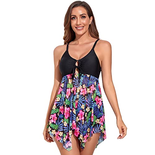 Trajes de Baño para Mujer Conjunto de Tankini de Malla Camiseta sin Mangas con Estampado Floral con Pantalones Cortos de Dos Piezas Cover