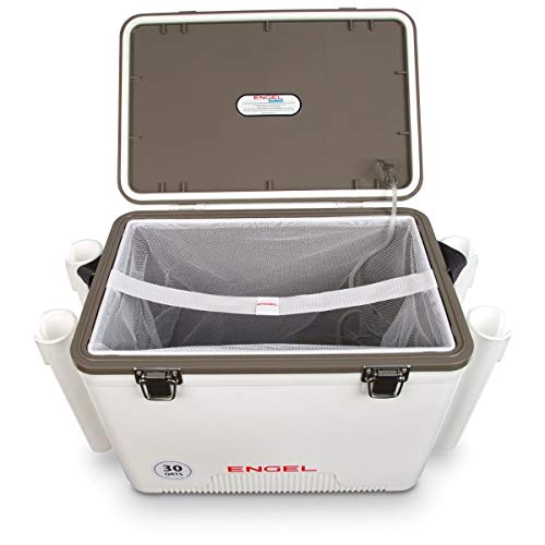 Image of Engel 30qt Live Bait Cooler Box with 2nd Gen 2-Speed Portable Aerator Pump and 4 x Fishing Rod Holder Attachments. Fishing Bait Station and Minnow Bucket in LBC30-RH in White