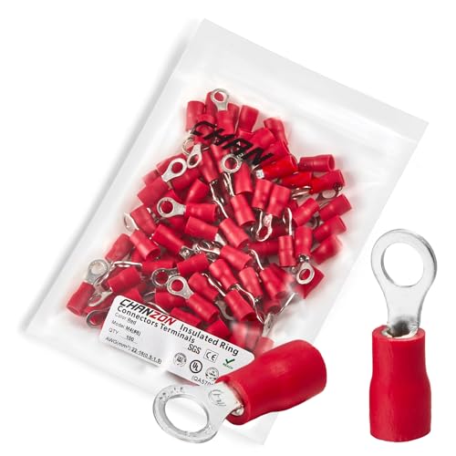 Chanzon 100�� ���b�h�����O�[�q - #8 M4 - UL�F��≏PVC�A�C���b�g���C���[�R�l�N�^ 22-16AWG�Q�[�W�d�C�����R�l�N�^ �{�[�g �g���b�N �X�e���I�J�[�p