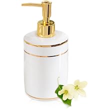 Decorative Ceramic Soap Dispenser, Gold Lotion BottleWhite with Gold Line | Soap Dispenser with Elegant Patterns, Vintage Bathroom Decor