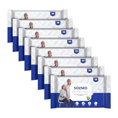 Amazon Brand - Solimo Adult Bed Bath Wipes | Count 80 | 10 Wipes x 8 Packs | With Aloe Vera, Olive Oil & Vitamin E | Advanced Germ Protection | pH Balanced | Alcohol & Parabens Free