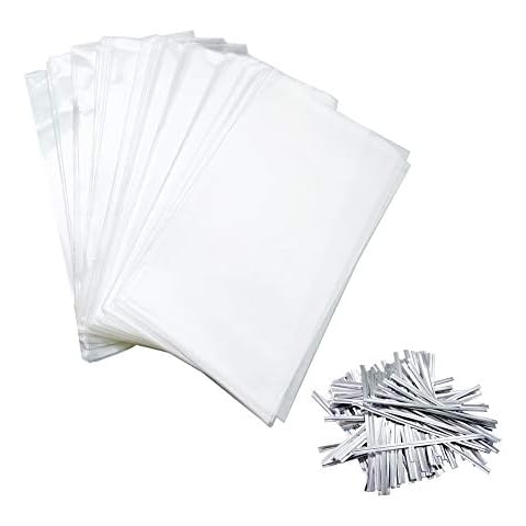 150Pcs Treat Bags 3.5 x5.9 Inches with 150 Pieces Twist Ties 4Inches, OPP Plastic Bags for Bakery Dessert Wedding Cookies, Candy for Candies ,Lollipop Candy Pops Gift Candy Buffet Supplies (Large-150) Cover