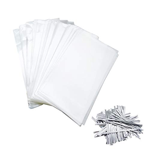 H-Laner 150Pcs Treat Bags 3.5 x 5.9 Inches with 150 Pieces Silver Twist Ties, OPP Plastic Bags for Bakery Dessert Wedding Cookies, Candy, Lollipop, Gift, Kitchen Storage