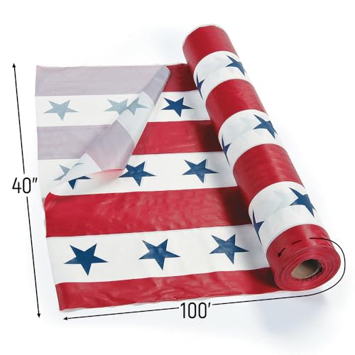 Image of Fun Express Patriotic Red Plastic 100ft Tablecloth Roll - Disposable, Quick Cleanup - Rectangular, All-Season, 40x1200in, 2.45lbs | 100 ft, Disposable, USA American Flag Stars and Stripes Theme, Perfect for 4th of July, Memorial Day, BBQ Cookouts