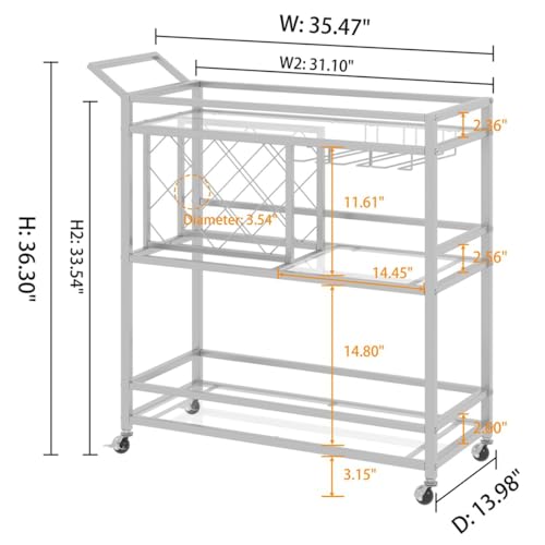 Image of FATORRI Bar Cart Silver, Bar Carts for The Home, Home Bar Serving Carts for Liquor, Rolling Wine Cart with 3 Tier Mirrored Shelves on Wheels for Alcohol and Beverage (Silver)