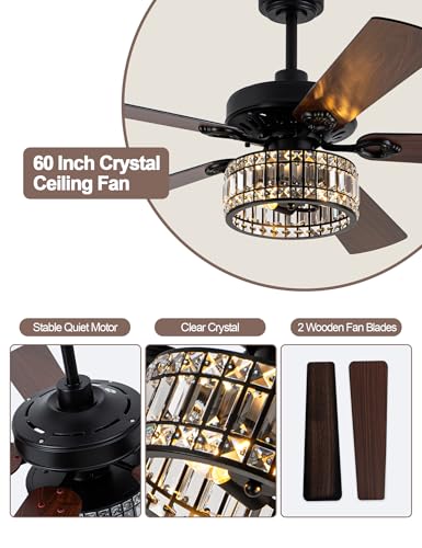 Image of 60'' Farmhouse Chandelier Black Crystal Fandelier Ceiling Fan