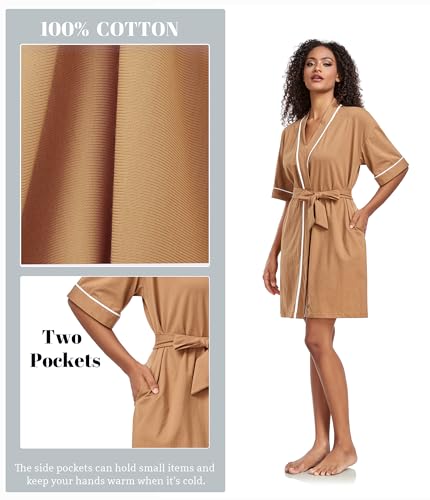 Image of ANLIQI Womens 100% Cotton Robes Lightweight Summer Short Sleeve Lady Bathrobe Knee Length Kimono Robe Sleepwear with Pockets