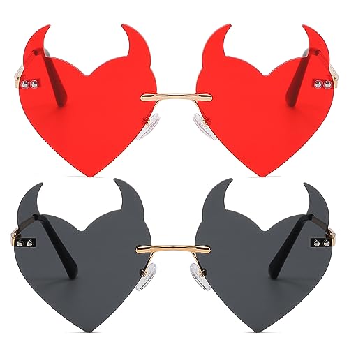 Goth Horns Heart Sunglasses for Women Rimless 90s Punk Heart Glasses Trendy for Party Festival colored Sunglasses