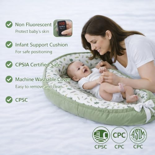 Image of Aila+Aiden Baby Lounger | Organic Cotton Infant Lounger | Reversible, Adjustable & Portable Floor Lounger |Supervised Use | Soft, Breathable, Washable Cover - Star Collection (Sage Leaf)