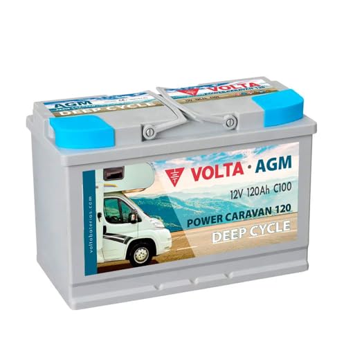 Bateria para Caravana Volta Power Caravan 120, AGM 12V 120Ah, Autocaravanas, Camper, Camping y Furgos (AGM Deep Cycle) Gran Vida Útil, 345x175x238 mm, Fabricación Europea