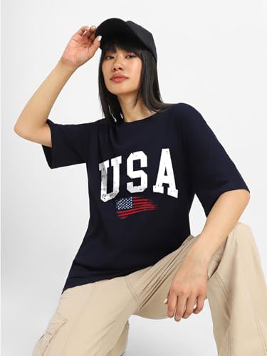 Image of JUNEBERRY Round Neck Drop Shoulder Round Neck Black & White Graphic Printed Pure Cotton Oversized Baggy Fit Half Sleeve T-Shirt for Women & Girls (Sizes: S to 2XL)