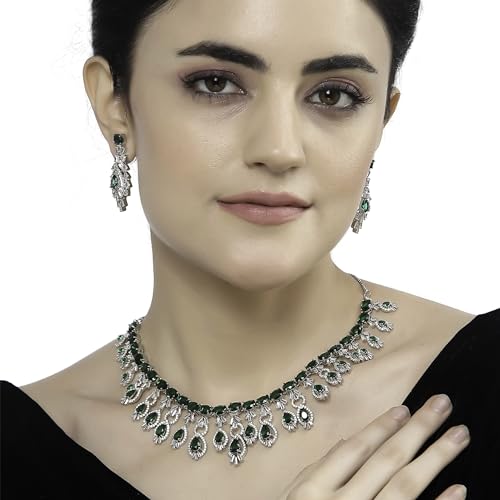 Image of ZENEME Rhodium-Plated American Diamond Studded Oval & Teardrop Shaped Necklace With Earrings Jewellery Set For Girls and Women