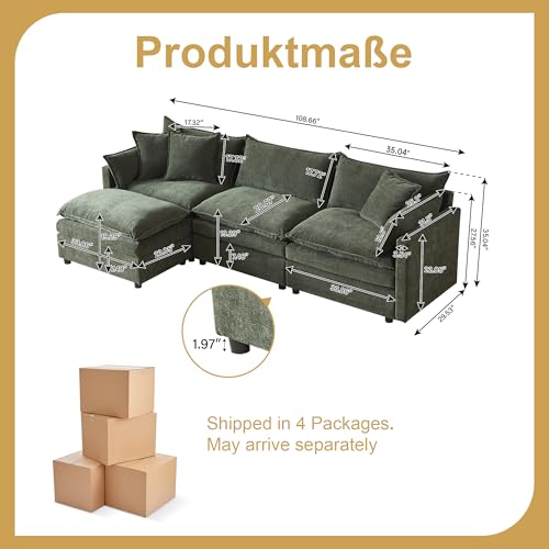 Image of 108.7 inch L Shaped Modular Sectional Sofa, Comfy Upholstery Chenille Cloud Couch with Ottoman, Modern 4-Seat Deep Seat Sofa with Pillow for Living Room, Apartment, Green