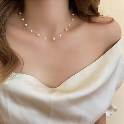 Bridal Shower Gifts Floating Freshwater Cultured Real Genuine Pearl Necklace Dainty Elegant Invisible Transparent Waterproof Station Tarnish Free Jewelry for Women4