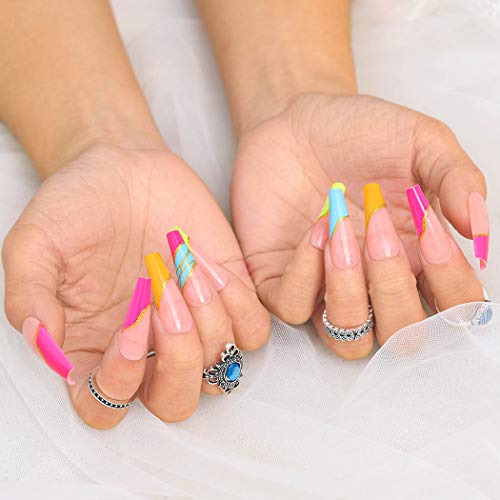Sethexy Long Nude Pink Ballerina False Nail Multi Color Bling Coffin Fake Nails Press On 24Pcs Acrylic Art Nail Tips For Women And Girls #TOP2