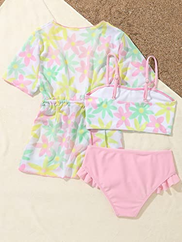 Image of Verdusa Toddler Girl's 3 Piece Swimsuit Floral Print Ruffle Trim Bikini Swimsuit with Kimono Cover Up Multicolor 6Y