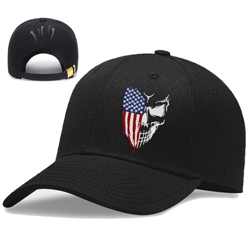 Skull Baseball Cap American Flag Hats for Men Cotton Black Baseball Hat Snapback Hats for Men Adjustable Fitted Trucker Caps Women Flat Bill Hat for Mens Snap Back Men's Cap Skateboard Accessories