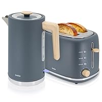 briebe Nordic Set Toaster 2 Scheiben Breite Schlitze mit Brötchenaufsatz, 6 Toast Stufen + Wasserkocher 1,7L Elektrischer 2200W Schnell Aufheizender, BPA-frei, Frühstücksset Nordisches Design, Grau