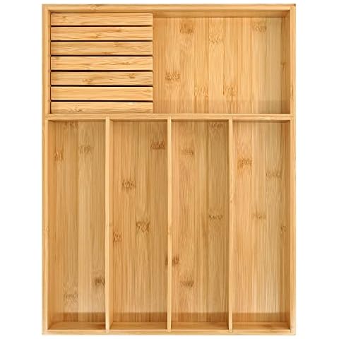 VaeFae Bamboo Silverware Organizer, Utensil Holder for Drawer, Wooden Cutlery Tray with Divider for Kitchen, Flatware Storage and Removable Knife Block, 13 x 17 inches Cover