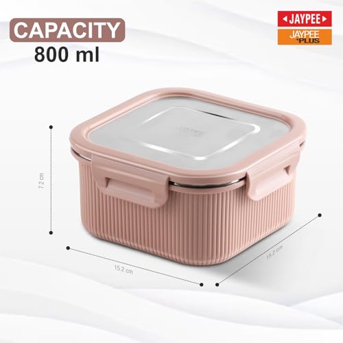 Image of Jaypee Plus Ultima Micro Seal Microwave Safe Air Tight Food Storage Container 800 ml Inner Stainless Steel Rib Design Spillproof Lunch Box for School, Office, Ideal for Snacks and Meal, Pink