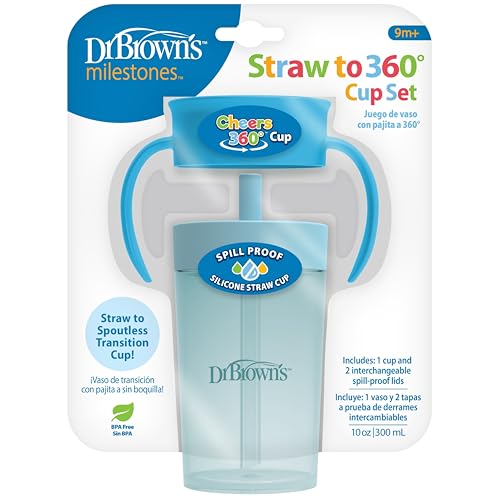 Dr. Brown's Milestones Straw to 360 Convertible Toddler Training Cup Set, 10 oz/300 mL, Interchangeable Silicone Straw and 360 Lids, Blue Ocean, BPA-Free, 9m+, 1-Pack