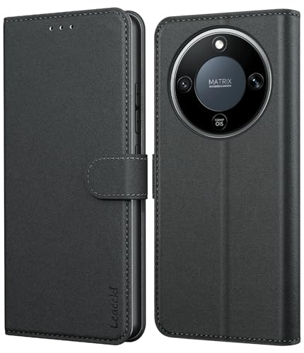 Leacckl for Honor Magic 8 Lite Case Leather Wallet Case Flip Case with Card Holder and Magnetic Buckle Black