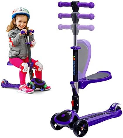 Kick Scooters for Kids Ages 3-5 (Suitable for 2-12 Year Old) Adjustable Height Foldable Scooter Removable Seat, 3 LED Light Wheels, Rear Brake, Wide Standing Board, Outdoor Activities for Boys/Girls