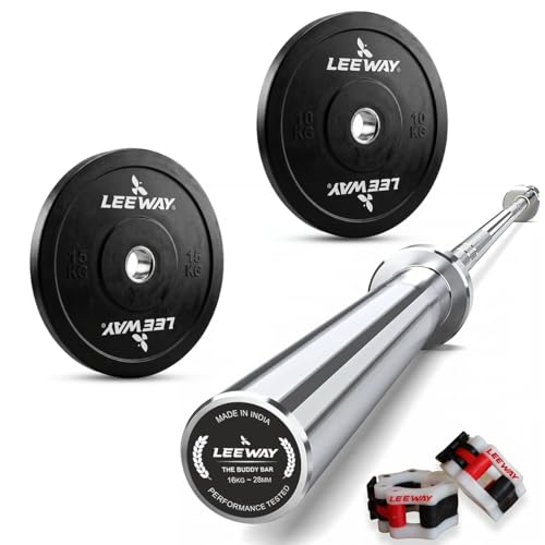 Image of Leeway Olympic Barbell with Bumper Weight Plates | 50 Kg Rubber Weight Plate Set and 7.2 Ft Chrome Gym Bar | Olympic Weightlifting Gym Plates for Home and Commercial (50kg Set (10X2+15X2))