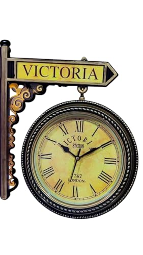 Iron Age Crafts Victoria Station Double-Sided Wall Clock, Antique Style, Decorative Metal Frame, Yellow Face with Roman Numerals,