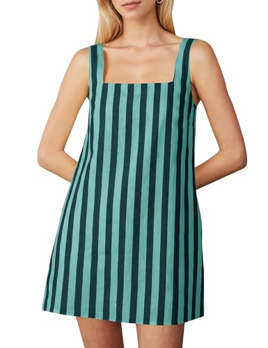 Image of Burtell Summer Sleeveless Cotton Linen Mini Dresses for Women Casual Square Neck Backless Short Dress Solid Tank Shift Dress