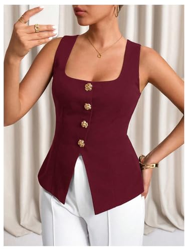 GORGLITTER Women's Button Down Blazer Vest Top Trendy Dressy Square Neck Sleeveless Business Casual Suit Vest Waistcoat4