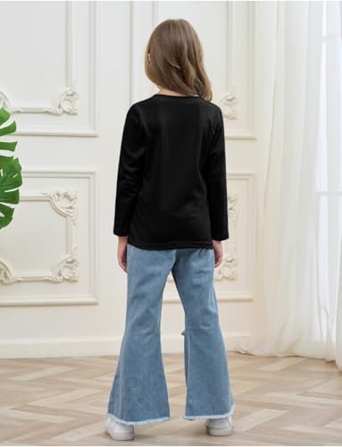 Image of Toddler Girl Clothes Long Sleeve Cartoon & Letter Graphic Top + Fruit Stationery Print Flared Leg Pants