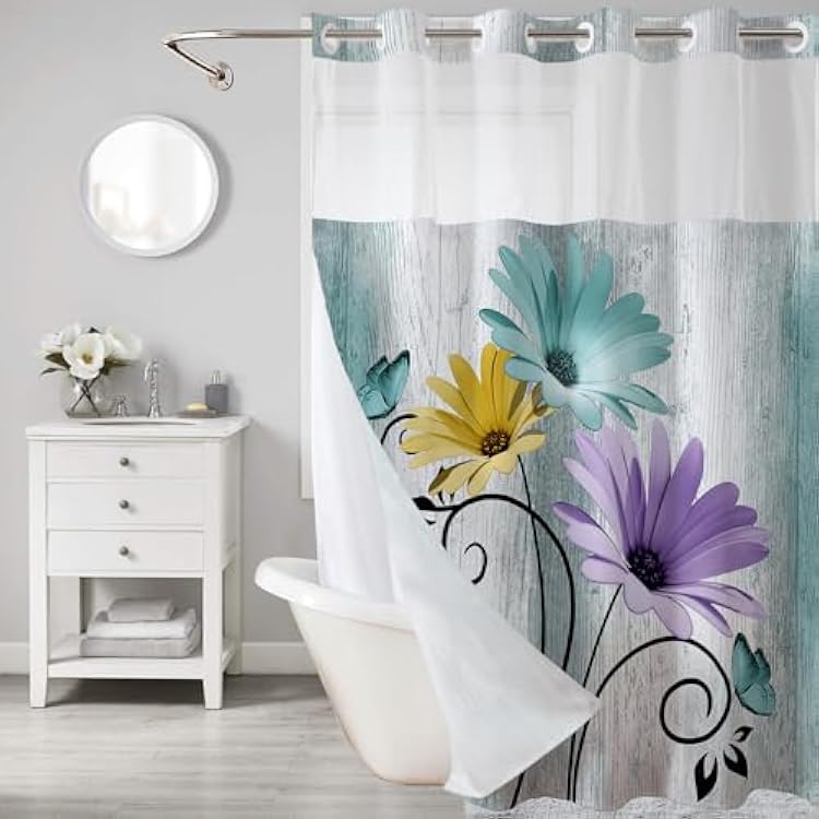Muuyi Hookless Shower Curtain with Snap in Liner, Farm Teal No Hook Shower Curtains for Bathroom,Shower Curtain and Liner Set for Bathroom Decor,Waterproof & Washable,72W x 75L Inch