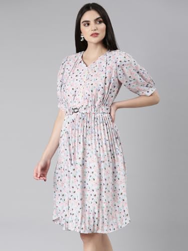 Image of SHOWOFFFF Women Printed Fit and Flare Casual Dress | Sweetheart Neck 3 /4th Sleeves Cotton Dress for Womens | Knee Length Dress for Women's