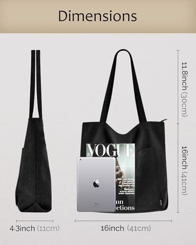 Image of Prite Corduroy Tote Bag for Women Large Shoulder Bag with Zipper and Pockets for College School Work Travel Shopping