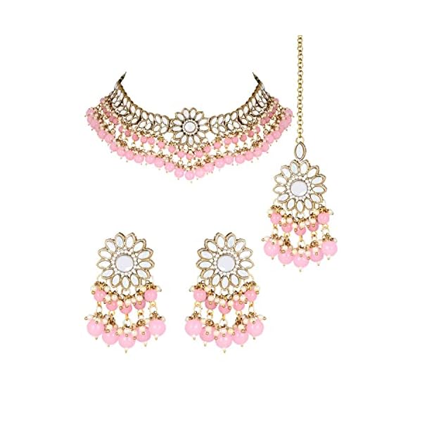 I Jewels 18K Gold Plated Traditional Kundan Studded Pearl Hanging Choker Necklace Jewellery Set With Earrings & Maang Tikka For Women & Girls (K7232) - Image 5