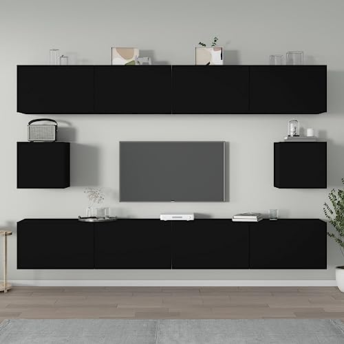 IKAYAA Wohnwand Set Wohnzimmer Hängend Wohnwand Modern Wohnzimmer Schrankwand Wohnzimmer Möbel TV Board Hängend TV Lowboard Hängend Schwarz 6-tlg-Type-42