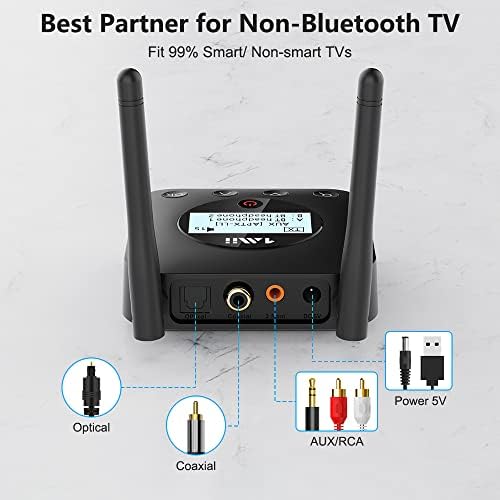 1Mii Bluetooth Transmitter for TV with Display Screen, Long Range Bluetooth 5.0 Audio Transmitter Volume Control, Optical Coaxial RCA 3.5mm Audio Input for TV to 2 Headphones