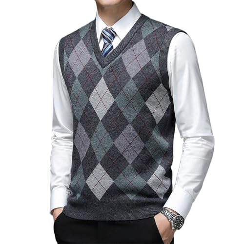 Men's Sleeveless V Neck Pullover Vest Fitted Casual Argyle knitted warm Sweater Color block Thick Vest3