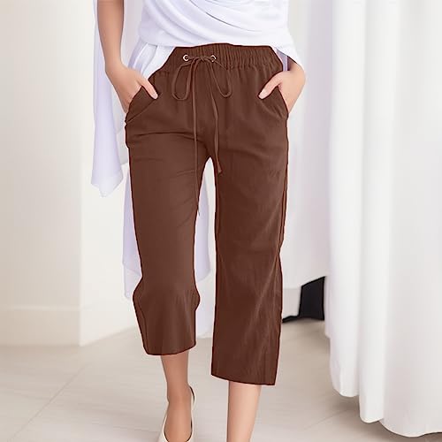 Rvidbe Capri Pants for Women Casual Summer Drawstring Elastic Waist Linen Pants Straight Wide Leg Crop Trousers with Pockets Brown2
