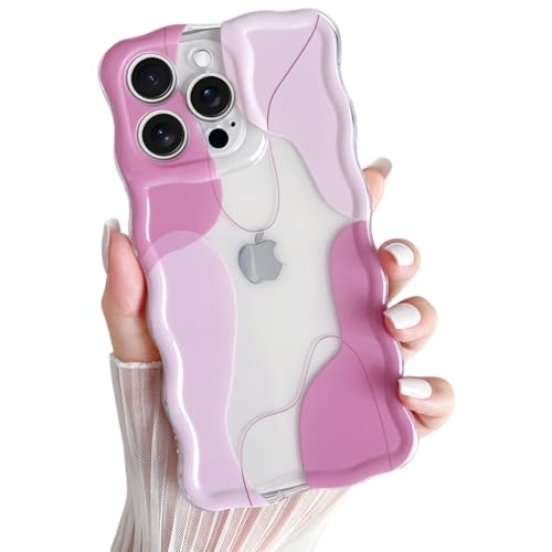Yeddabox for iPhone 15 Pro Case Cute Art Design Aesthetic Pattern Wavy Clear Phone Case Soft TPU Slim Shockproof Phone Cover for Women Girls, Pink