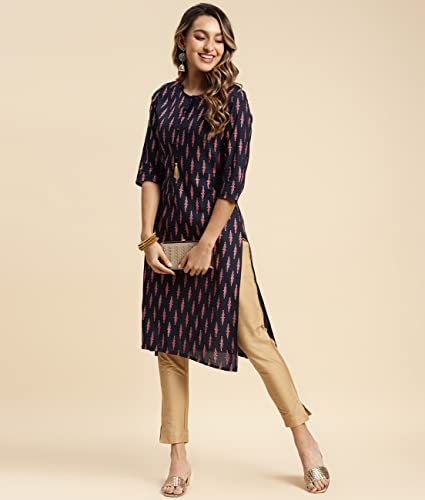 Image of rangita Navy Rayon Calf Length Printed Straight Kurti for Women | Kurta for Women