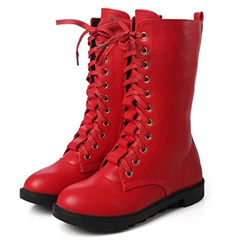DADAWEN Kid's Girls Leather Lace-Up Zipper Mid Calf Combat Riding Winter Boots (Toddler/Little Kid/Big Kid)3