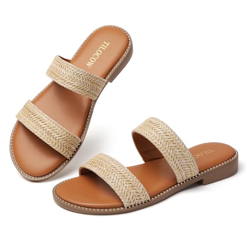Image of Tilocow Women's Flat Sandals Two Strap Summer Dressy Studded Slide Sandals Open Toe Cute Casual Slip on Comfort Shoes for Beach Travel Daily Wear