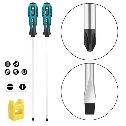 Iebuobo 12-Inch Long Screwdriver Magnetic Tip Cross Head Flat Head No.2 Screwdriver 2Pack, With Magnetizer/Demagnetizer Tool #TOP5