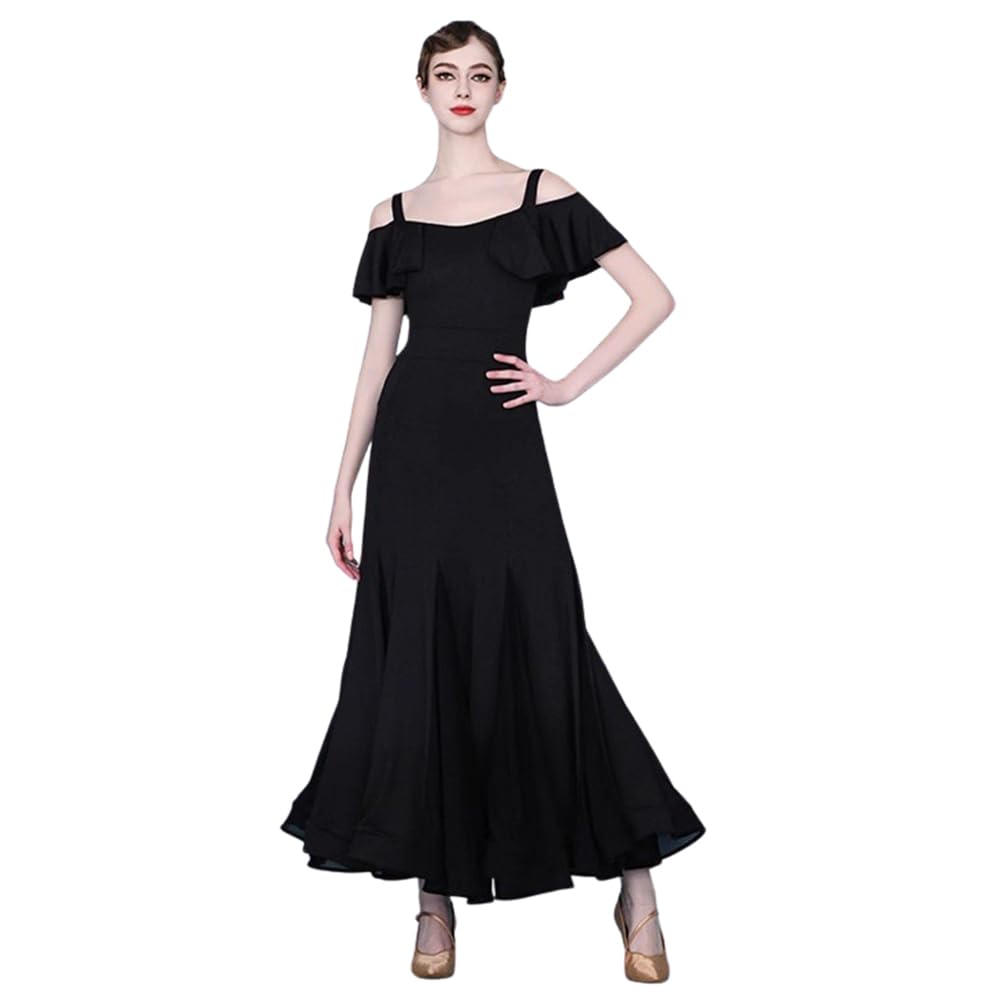 Woman Modern Ballroom Dance Dress National Standard Short Sleeve Dance Practice Waltz Cha Cha Dress Black
